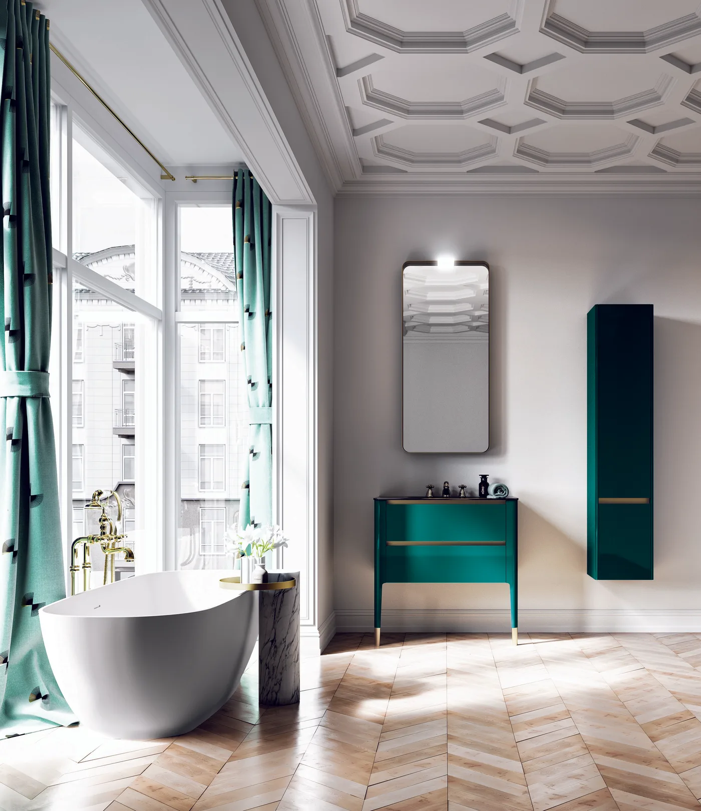 Art 05 &mdash; Blaugr&uuml;n gl&auml;nzend mit Glas-Waschtisch